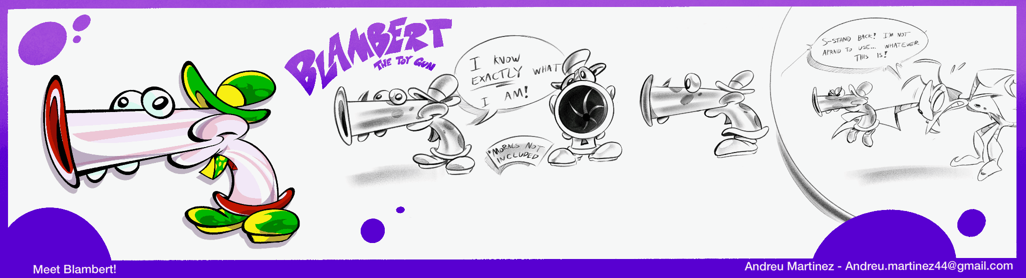 Long-nosed cartoon character “Blambert” shown in a strip of poses