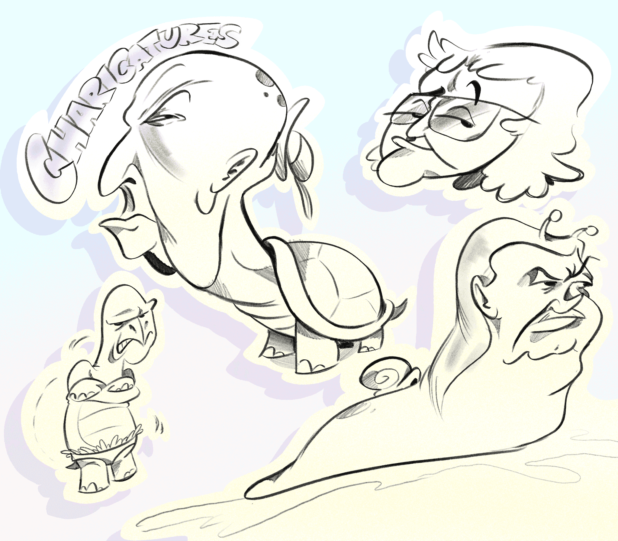 A page of exaggerated caricature head studies of older men