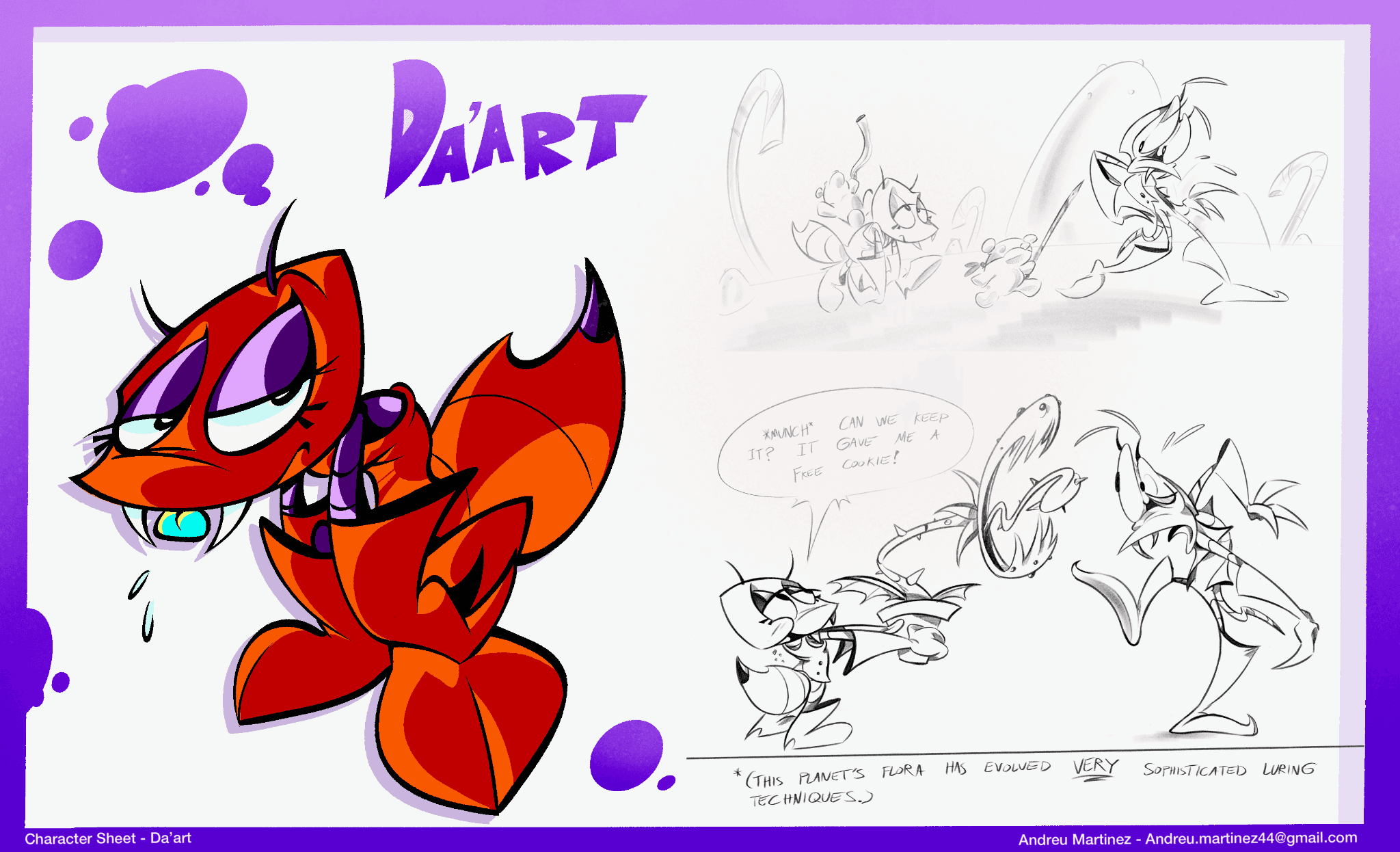 Character design sheet for a small red devilish creature named Däärt