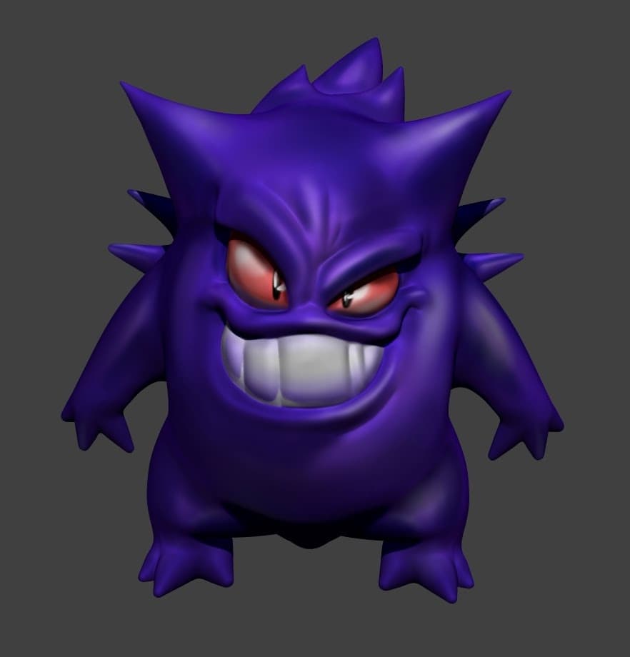A 3D sculpted and rendered model of a purple grinning monster