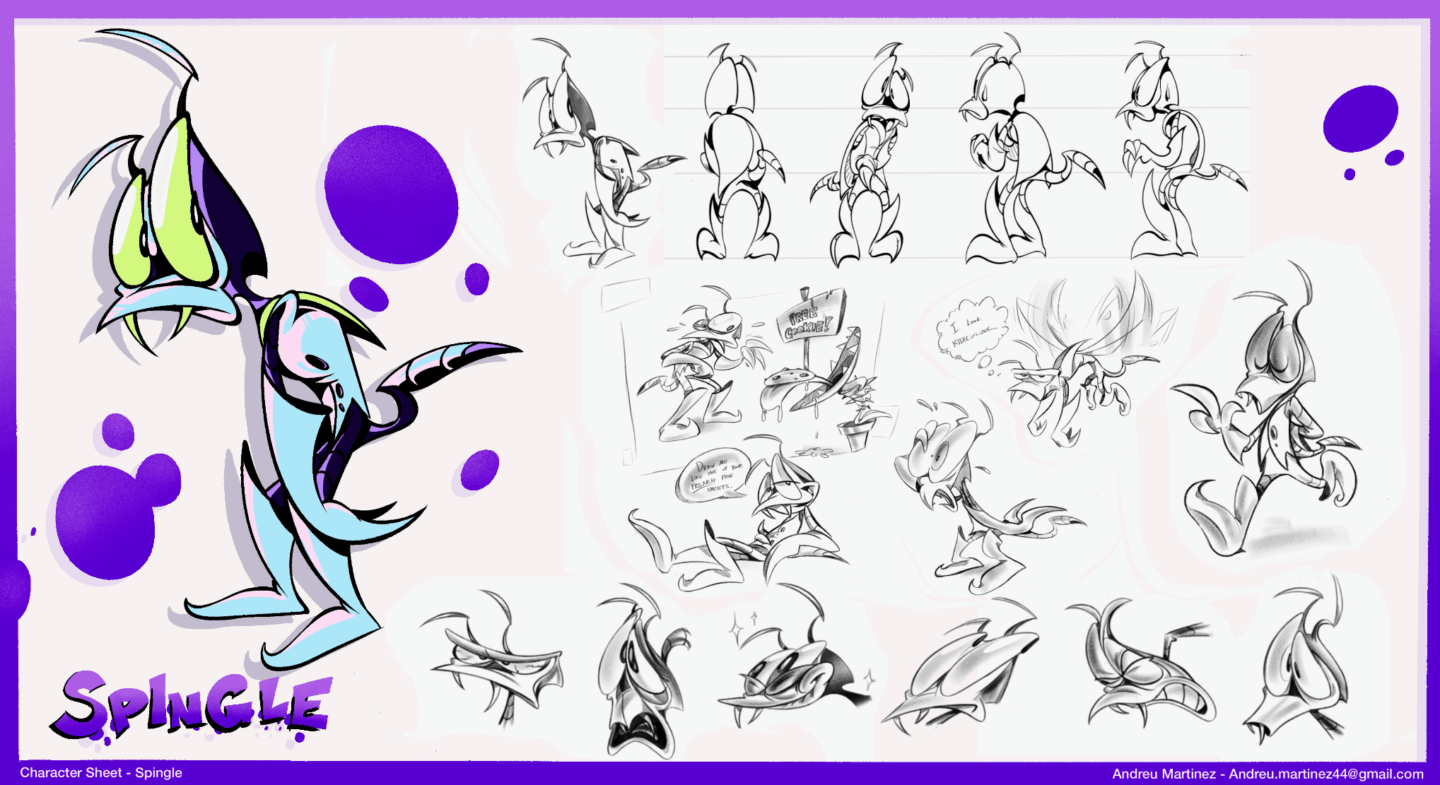 Character design sheet for “Spingle” with a color model and pose explorations