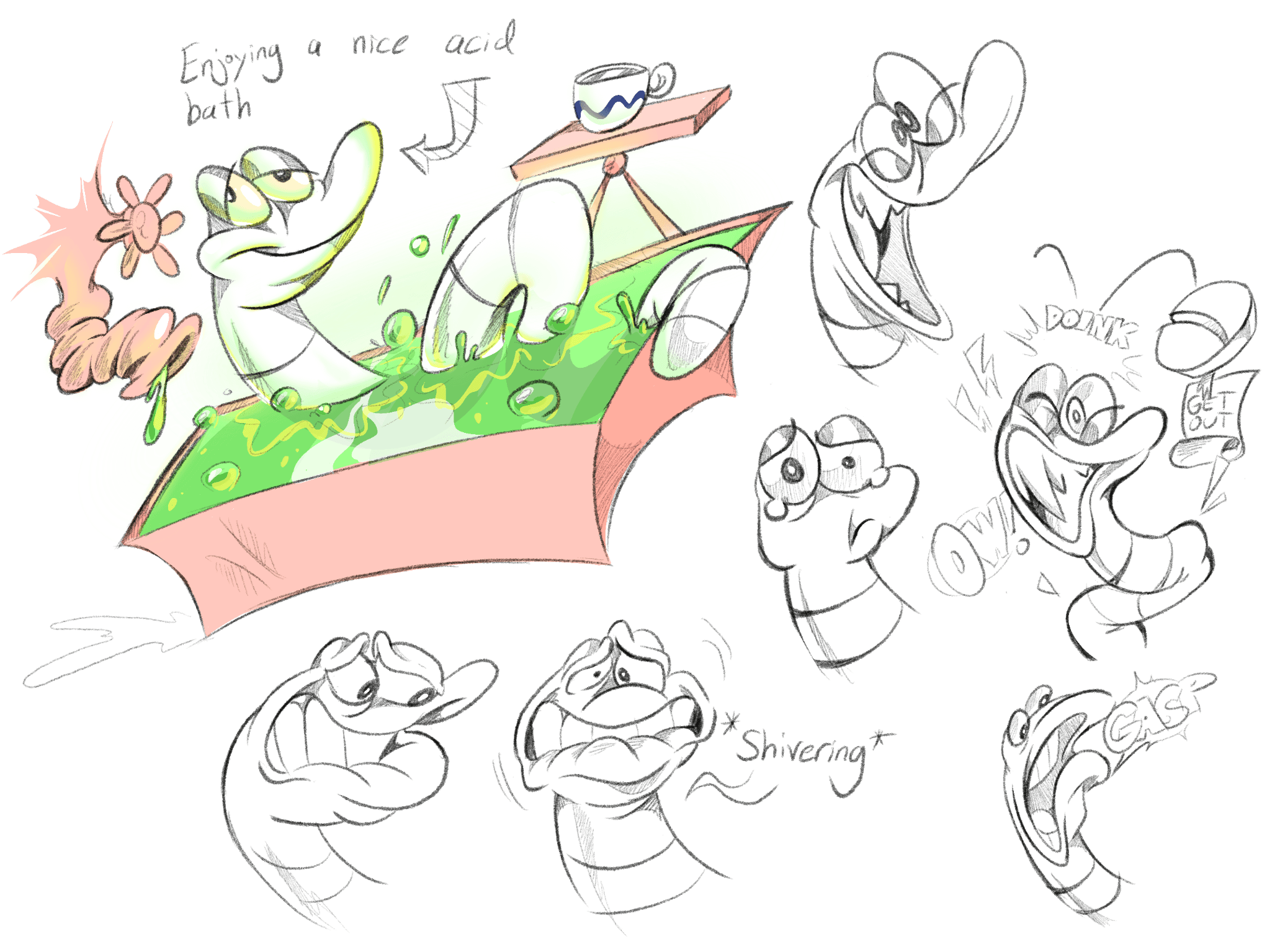 A colored story beat captioned “enjoy a nice acid bath” surrounded by expression sketches