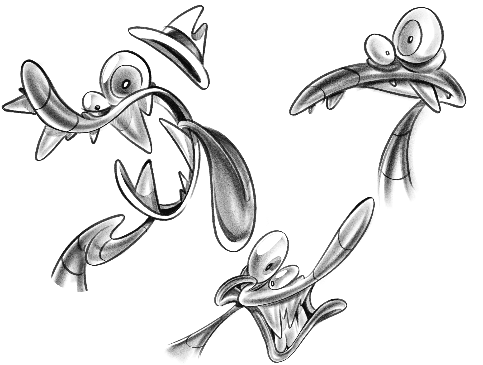 Three expressive grayscale studies of a googly-eyed worm character