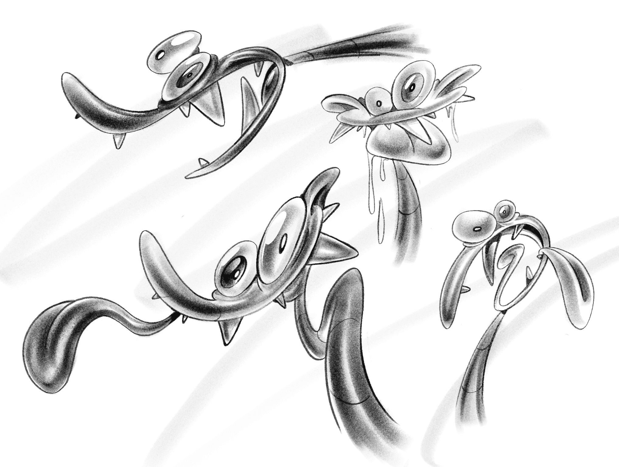 A page of grayscale expression sketches of worm characters