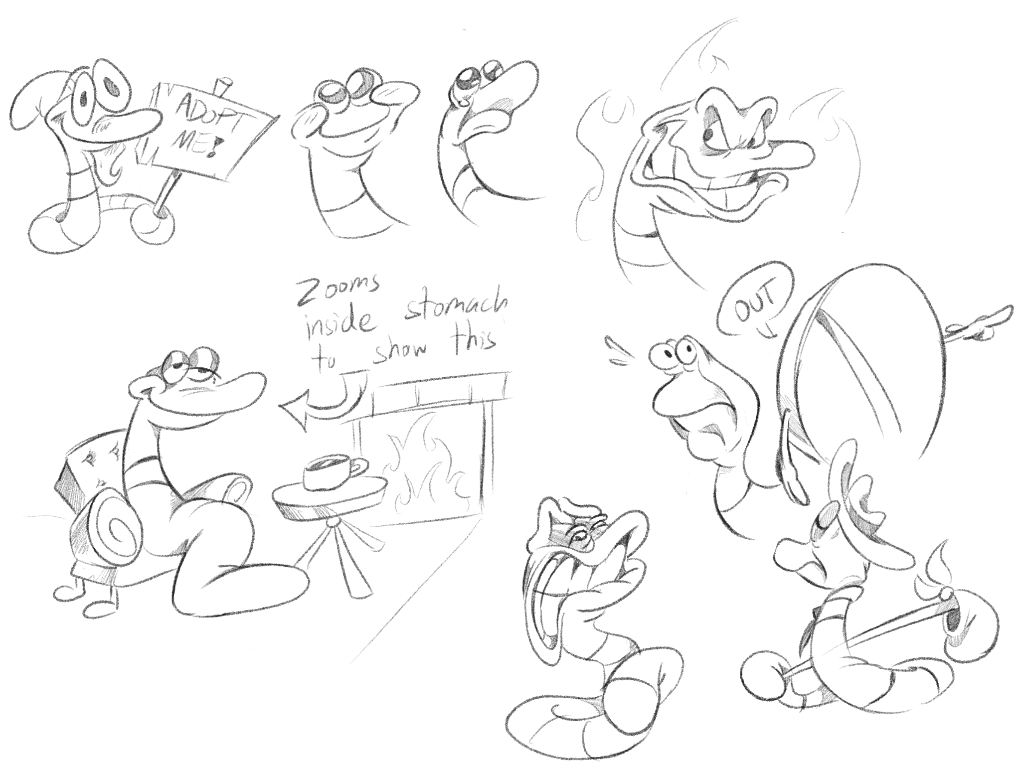 Storyboard panels of a worm character acting through a comedic beat, with director notes